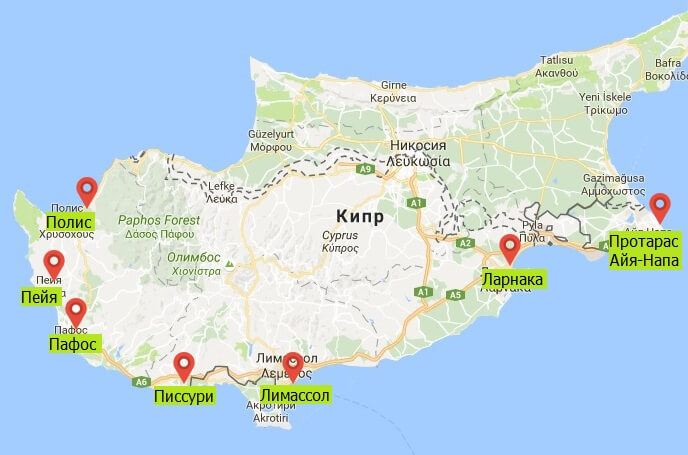 Карта Кипра с курортами